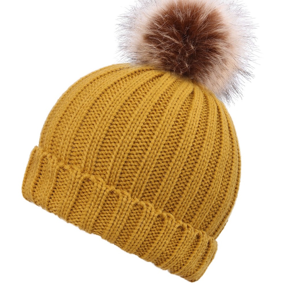 Yellow Knit Beanie with Removable Pom Pom